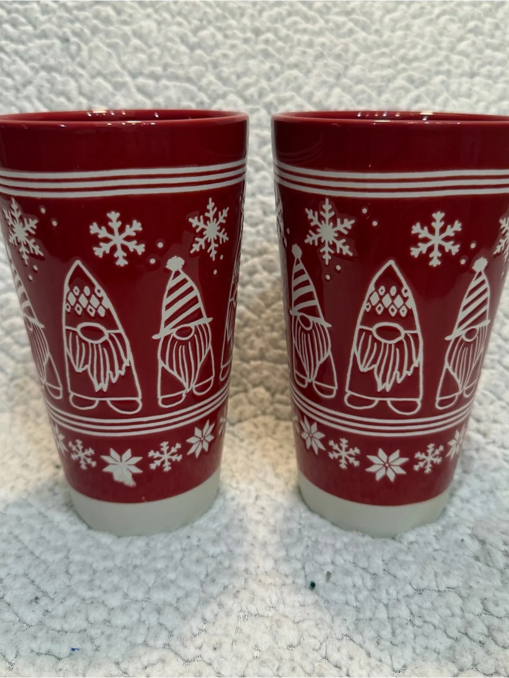 2 St. Nicholas Square Ceramic Coffee Mugs 16 fl oz Red White Gnome Snowflakes